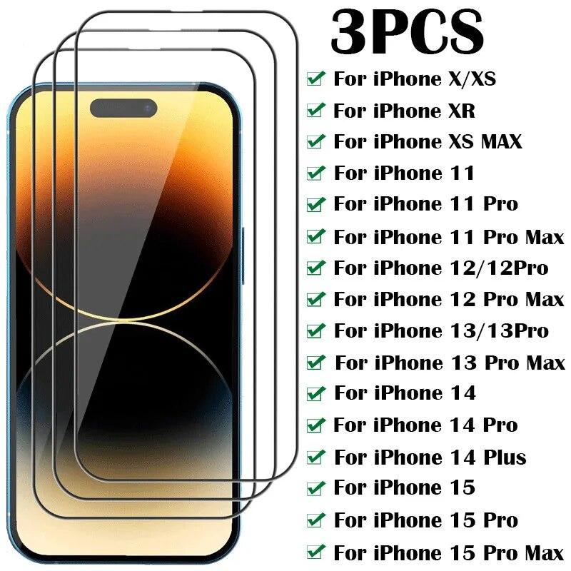 Защитное стекло для iPhone 14 13 12 11 Pro Max X XS XR 13, мини-защитная пленка для экрана iPhone 15 Pro Max 14 Plus, стеклянная пленка, 3 шт.