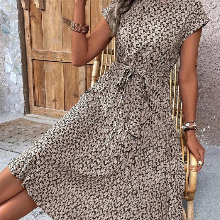 Women Summer Pleated Dress with Belt Round Neck Short Sleeve Medium Long