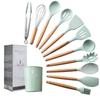 12Pcs/Set Wooden Handle Silicone Kitchen Utensils with Storage Bucket High Temperature Resistant and Non Stick Pot Spatula Spoon