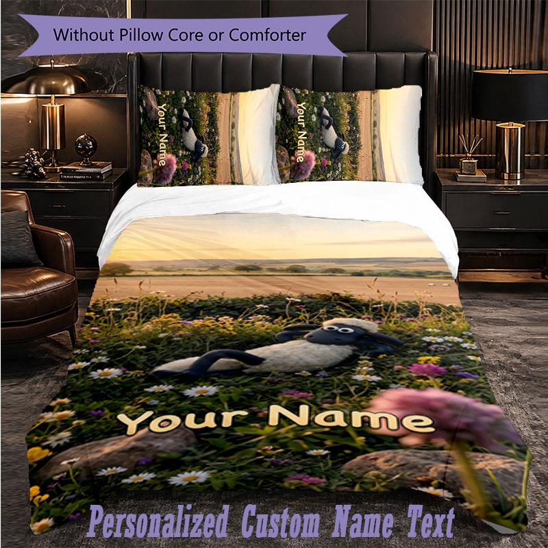Personalized 3Pcs Bedding SetShaun the Sheep Custom Text Duvet Cover Pillowcase Set Bedroom Gift