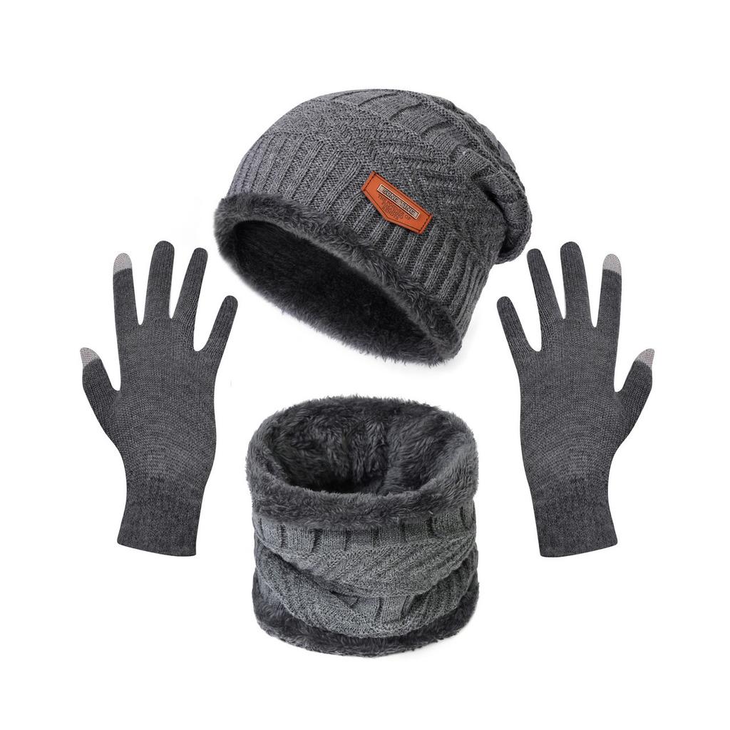 3pcs/set Fashion Plush-lined Knitted Caps Men Women's Winter Hats Scarves Touch Screen Gloves Thicken Warm Beanie Hat