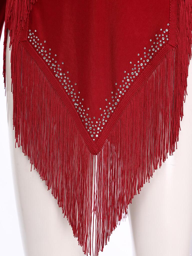 Women's Latin Dance Dress S-XXL - Shiny Rhinestones Mock Neck Long Sleeve with Tassels & Irregular Hem Stage Costume