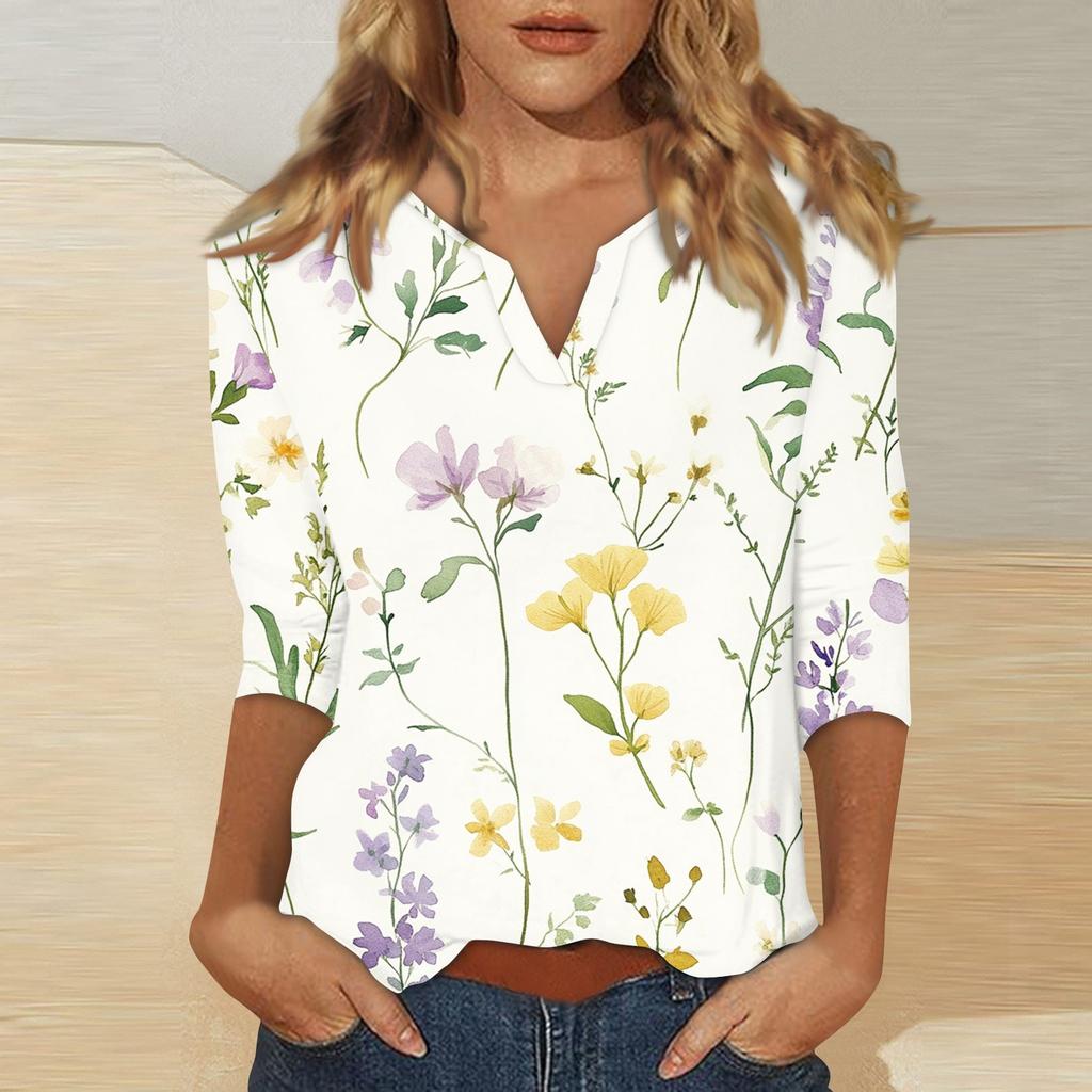 Women's Stand Collar 3/4 Sleeve Printed Top T-shirt