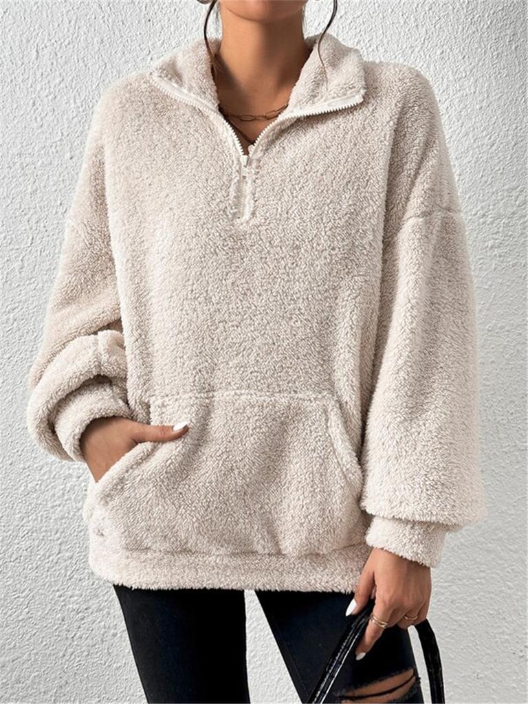 Женская толстовка с воротником-стойкой, модный однотонный пуловер из шерпа, повседневная верхняя одежда