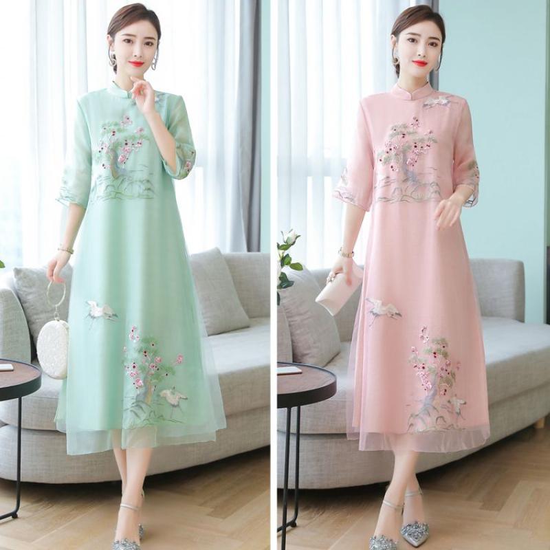 Женское улучшенное платье Cheongsam, элегантное длинное платье с вышивкой в ​​стиле ретро, ​​праздничное платье с цветочным принтом, китайская женская одежда высокого качества