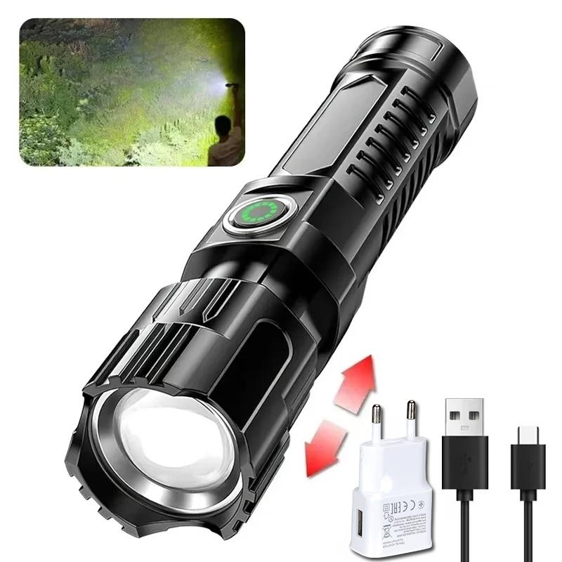 High Strong Power Led Flashlights EDC Tactical Zoomable Torch 3 Modes USB-C Rechargeable Work Fishing Emergency Defense Lantern