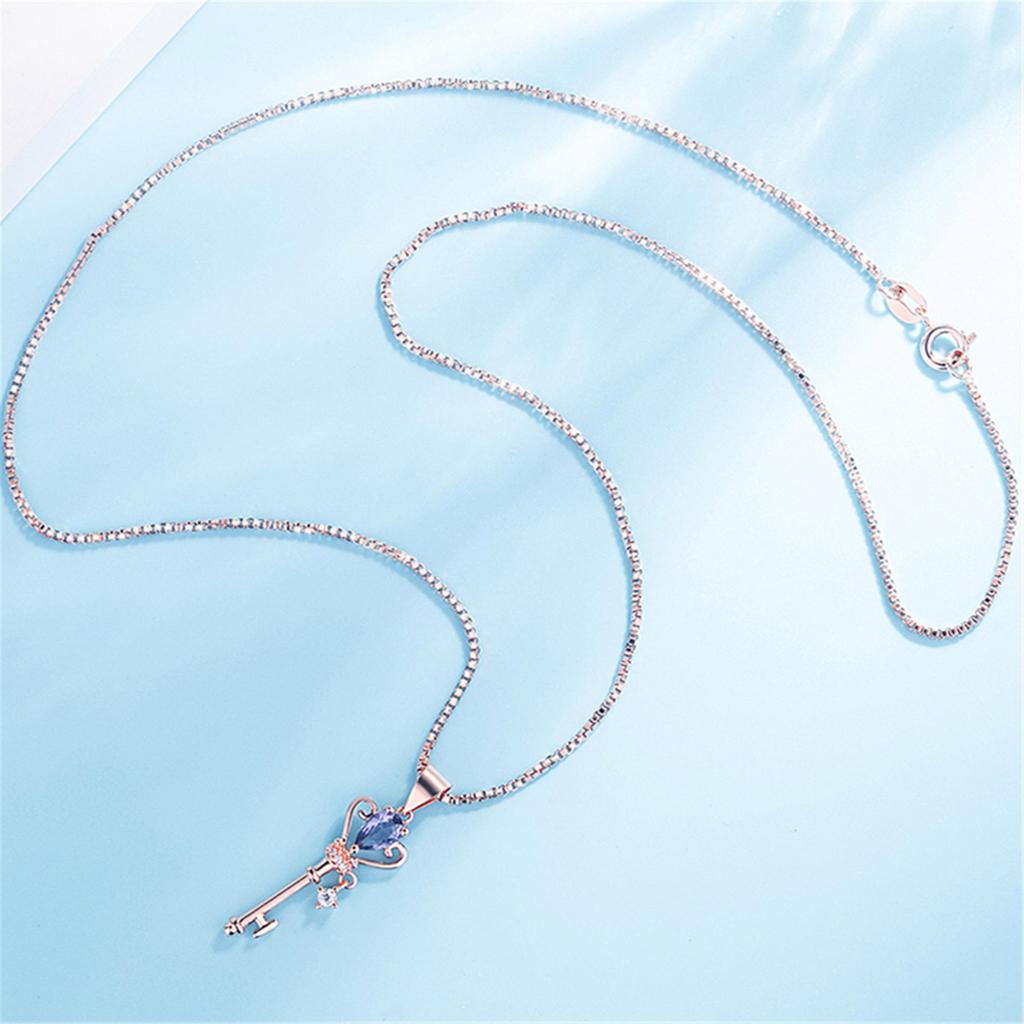 Korean Style 18K Silver Plated Necklace with Rose Quartz, Amethyst, Topaz Gem Key Pendant