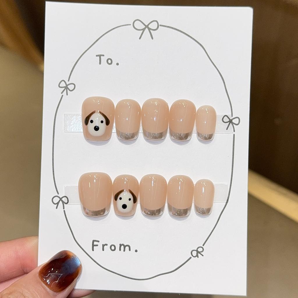 Hand-painted cartoon puppy hand-worn nail magic mirror French white nude simple nail patch fake nails
