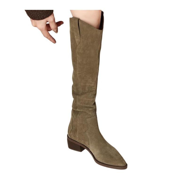 Сапоги до колена с плиссе, женские туфли на квадратном каблуке, распродажа 2024 года, модные женские сапоги без застежек с острым носком