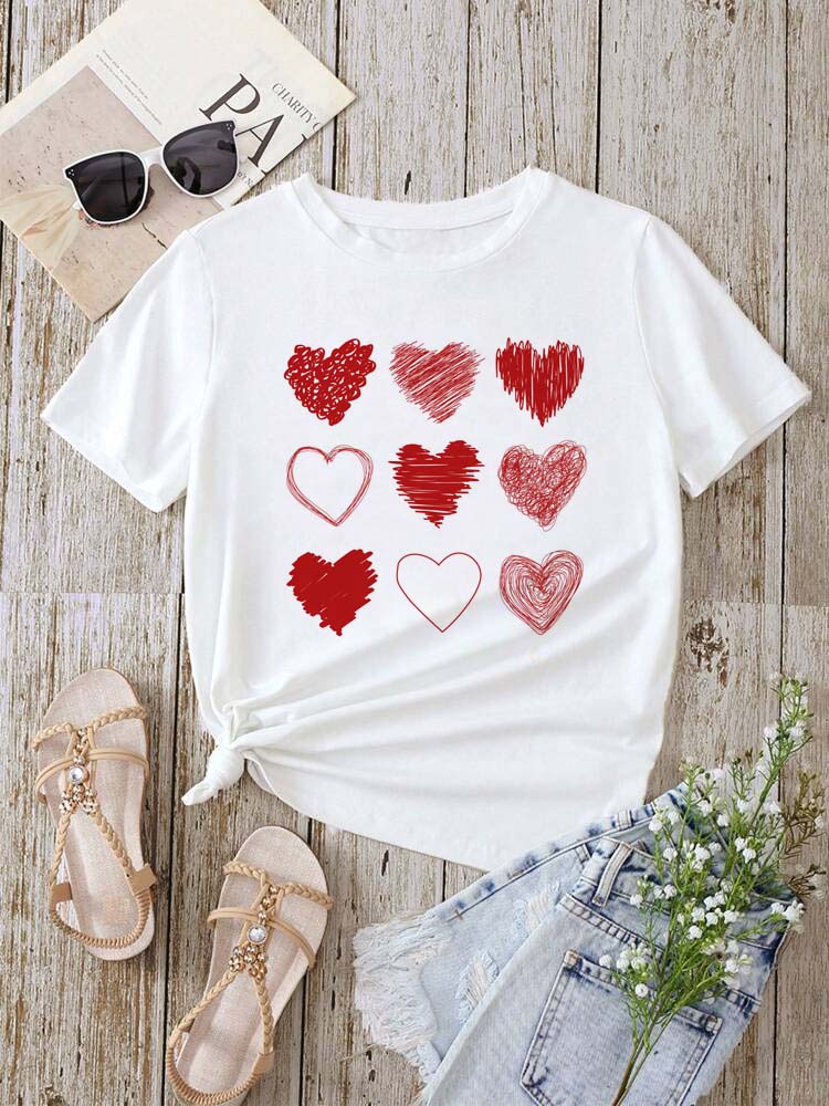 Red Heart Printed Women T-Shirts Fashion Streetwear Short Sleeve Clothing Casual Soft Women Tops Valentine's Day T-shirt