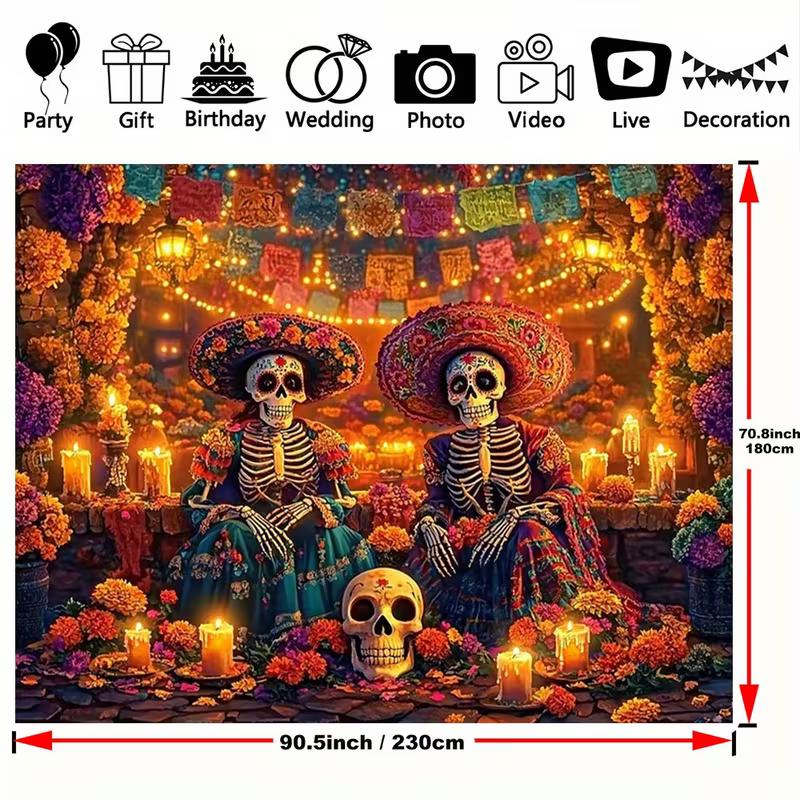 2D Dia de los Muertos Skeleton Backdrop with Colorful Papel Picado