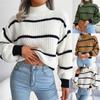 Striped Lantern Sleeve Sweater, Casual Turtle Neck Long Sleeve Sweater, Casual Tops For Fall & Winter, Women's Clothing