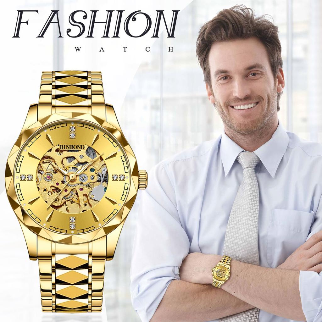 Автоматический скелетон 3ATM водонепроницаемый светящийся аналоговый нержавеющая сталь золото простые стильные повседневные деловые модные аксессуары день рождения годовщина