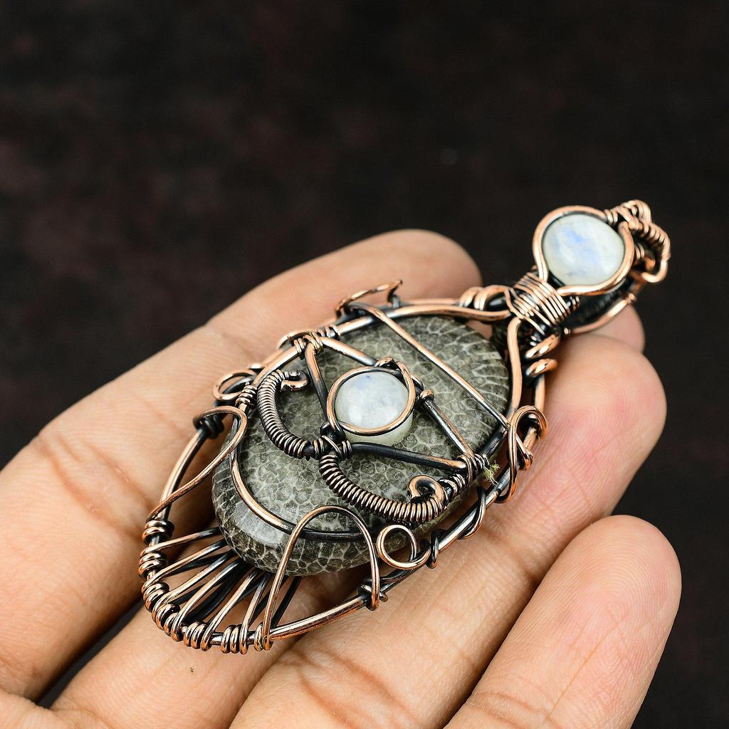 Подвеска из медной проволоки с коралловым скатом от сглаза, обернутая в драгоценный камень, дизайнерская бижутерия, подвеска из лунного камня от сглаза, ручная работа, женский кулон, подарок для него