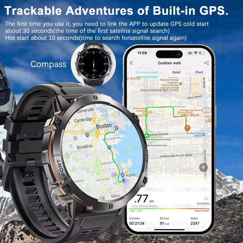 2025 НОВЫЕ Уличные Военные GPS Смарт-часы Мужские 1,73"HD Экран Компас 1000 мАч Пульс BT Звонок 10 м Водонепроницаемые Часы для HUAWEI