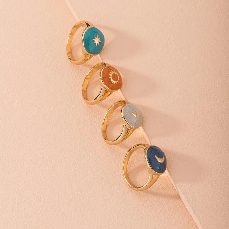 Women Gold Geometric Ring Colorful Enamel Lightning Star Moon Pattern Minimalist Chic Jewelry For Girls