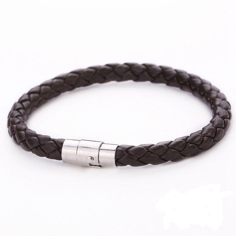 Unisex Women Men Genuine Braided Leather Steel Magnetic Clasp Bracelet Bangle