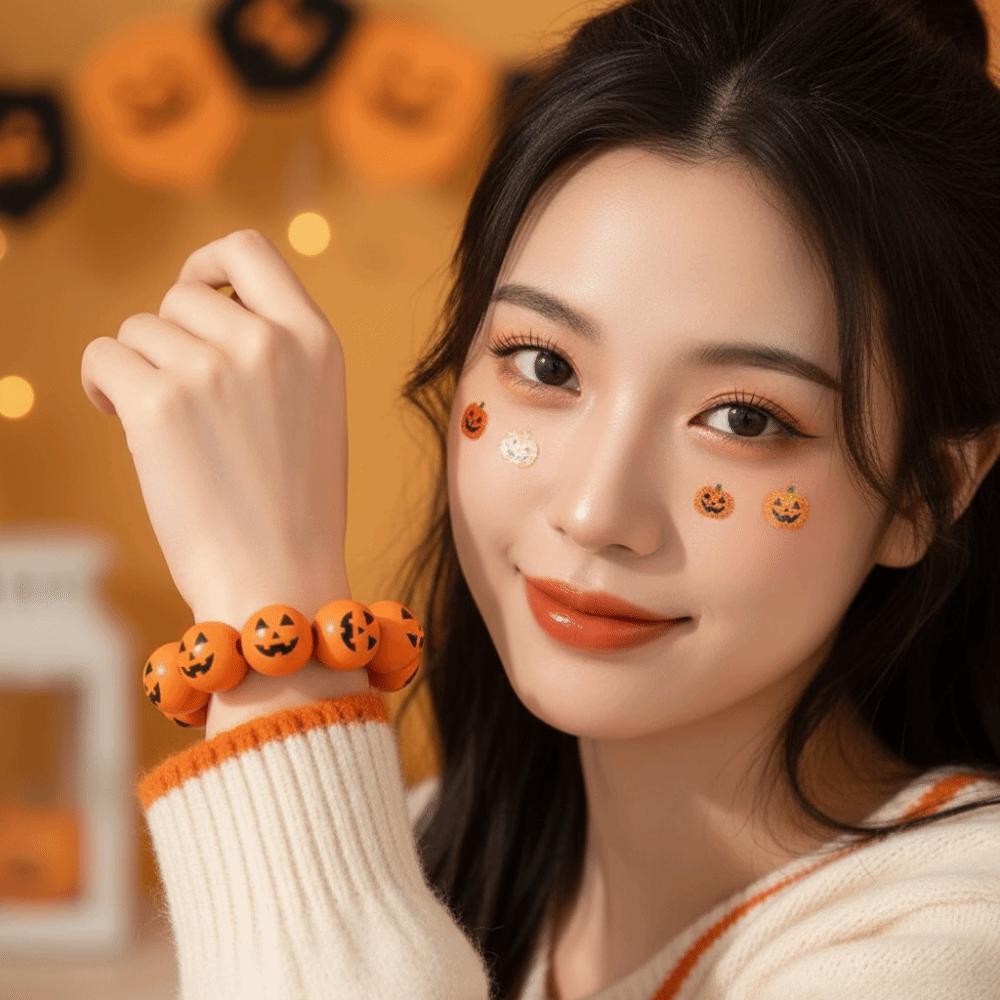 Stretchy Pumpkin Beads Bracelet Wooden Wood Wristband Spooky Charm Halloween Bracelet Cosplay