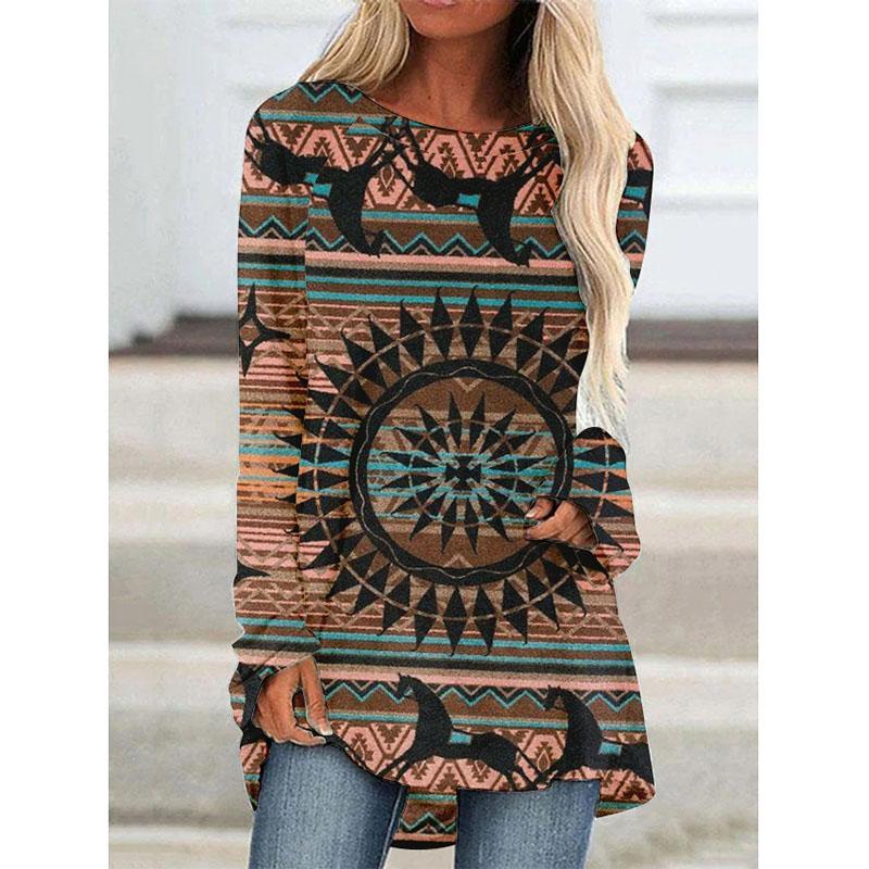 Футболки с длинным рукавом с принтом Western Aztec Ethnic 3D, богемные женские винтажные модные футболки, свободные уличные женские футболки, топы