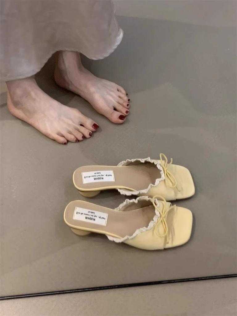 Bow Square Heel Cool Slippers Women's Outer Wear Summer New Versatile Temperament Elegant Thick Heel One-word Drag