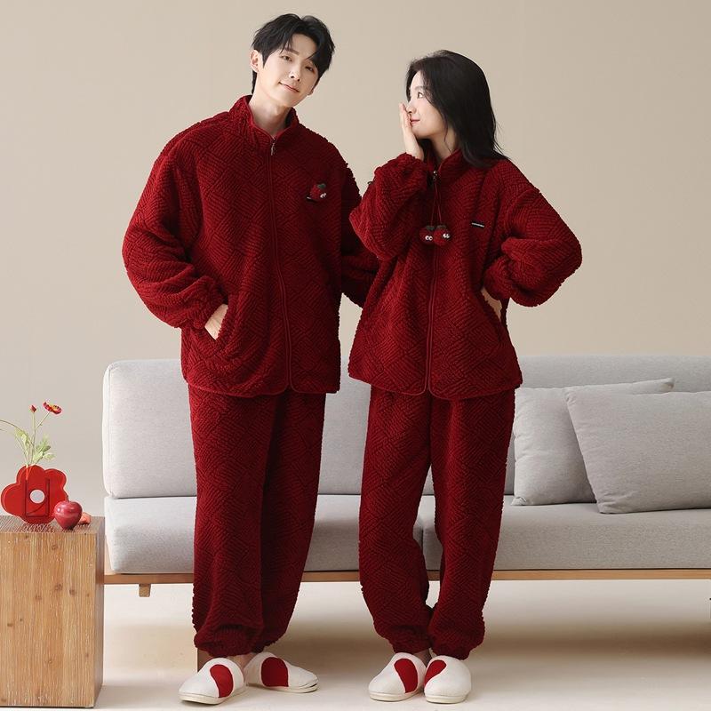 Пижамы Свадебный Костюм для Молодоженов Осень и Зима Коралловый Флис Утепленный Теплый Рождественский Год Свадебный Красный Домашняя Одежда
