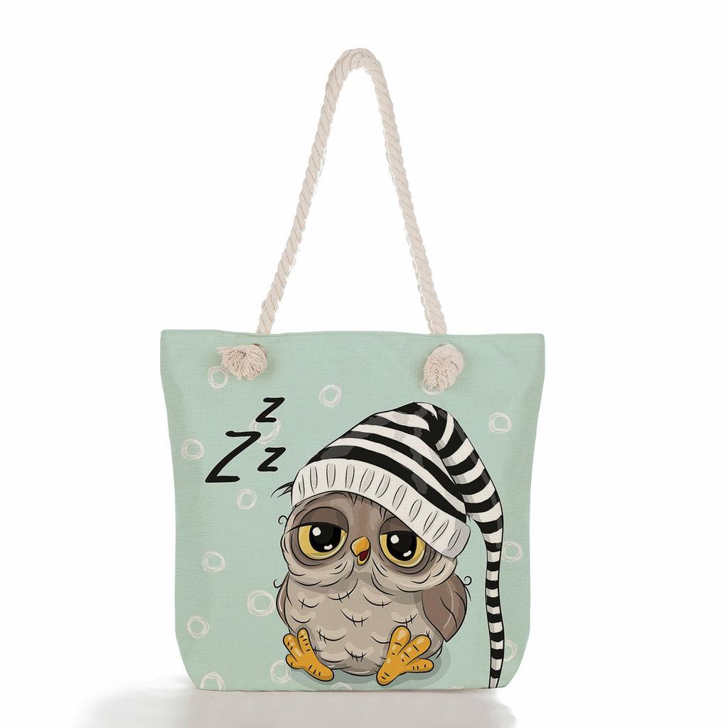 Cute owl print thick rope single-shoulder beach bag 7288 CLE
