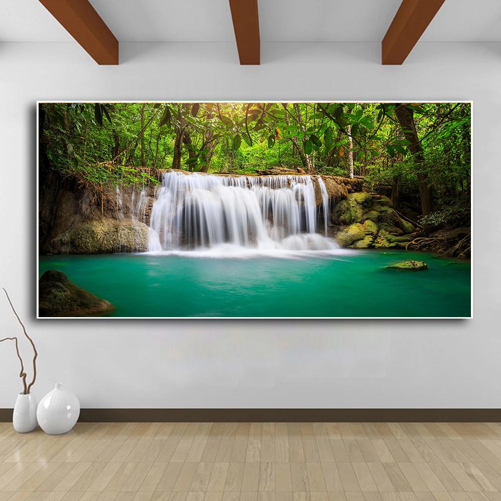 Природный пейзаж, водопад, настенные картины, холст, живопись, настенное искусство, зеленое, красное дерево, лес, постеры, принты для декора гостиной