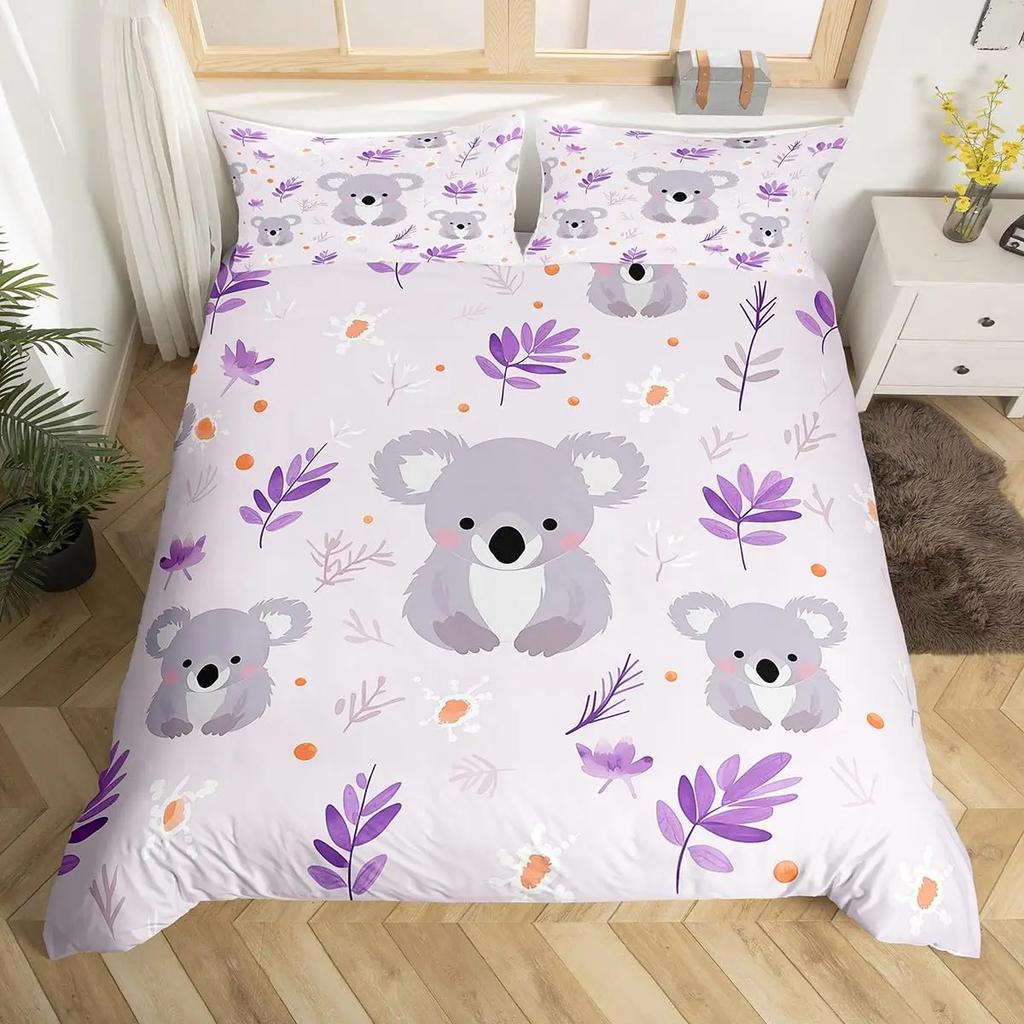 Милый мультяшный комплект пододеяльника с коалой, ботанический, с цветущими цветами, чехол для одеяла, кавайный комплект постельного белья с диким животным коалой, размер твин, размер квин