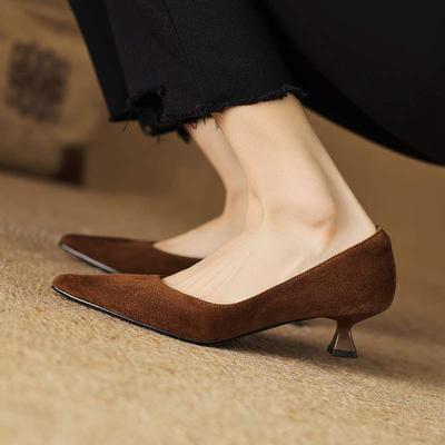 Замшевая мода лето весна осень лето без застежек на вечеринку женские туфли с острым носком на шпильках туфли на среднем каблуке