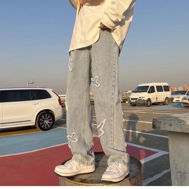 2023 New Trend Hip-hop Street Y2K Men's Pants High Street Loose Straight Casual Pants Fashion Men's Cross-patch Jeans Male S-3XL