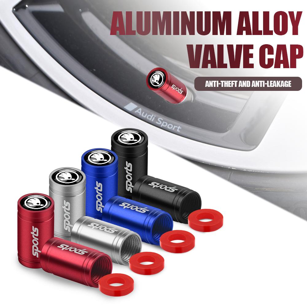 HRQB8 4pcs Brushed Metal Car Wheel Tire Valve Stem Air Cap Cover Auto Accessories For Skoda Rapid Fabia Kamiq Octavia A7 A5 A4 Superb