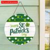 2D Flat 20*20cm 1pc Happy Patrick's Day Green Stripes and Four-leaf Clover Pattern Wall Hanging Wooden Ornament, Good Quality Patrick's Festival Round