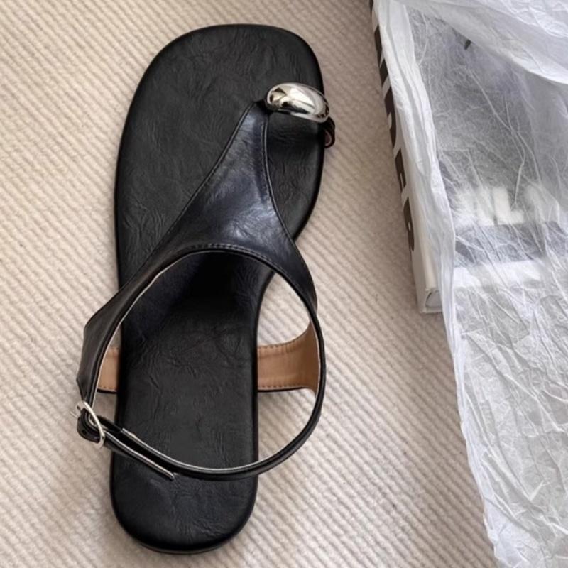 Summer Leather Women's Shoes Roman New Retro Vintage Metal Buckle Toe Herringbone Sandals Vacation Beach Elegant Women Sandals