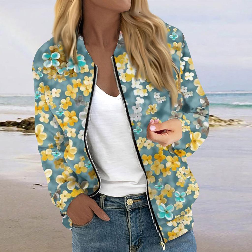 Куртки для женщин, легкие укороченные куртки с длинным рукавом на молнии, модная верхняя одежда с цветочным принтом, повседневные стеганые куртки с карманами