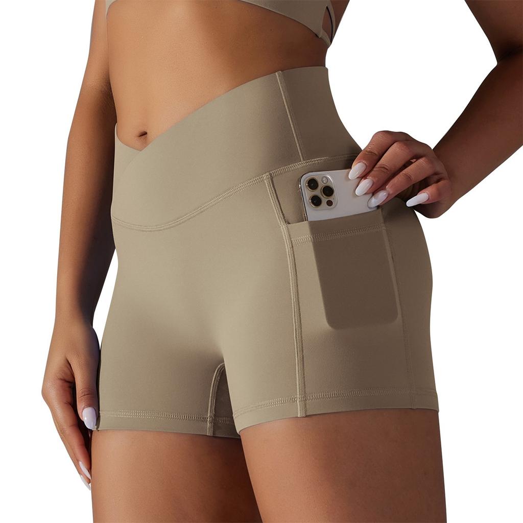 Women's Summer Cross V Waist Pocket Fitness Yoga Shorts Exercise Three Pants