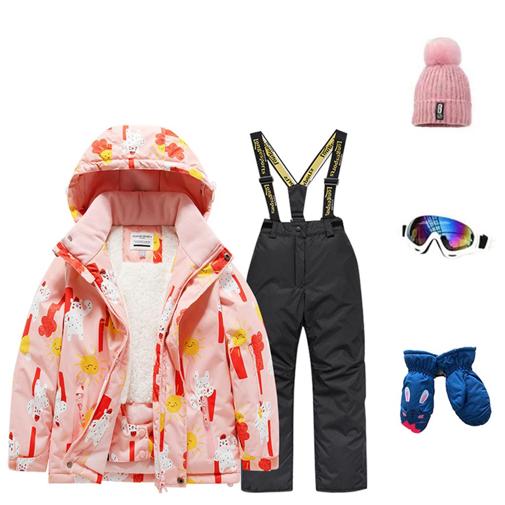 Детский модный лыжный комплект для мальчиков и девочек, утепленный, водонепроницаемый, термобелье, костюм из пяти предметов с курткой и брюками