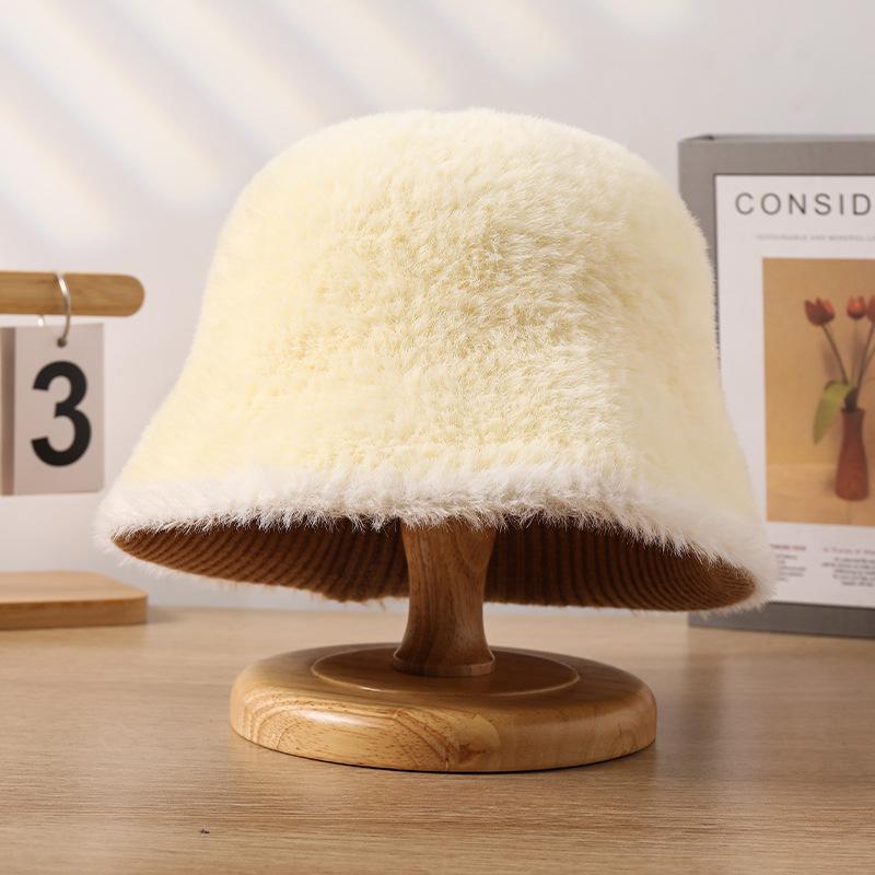 Rabbit Fur Hat Female Face Small Fluffy Bucket Hat Versatile Cold Warm Basin Hat Plush Bucket Hat