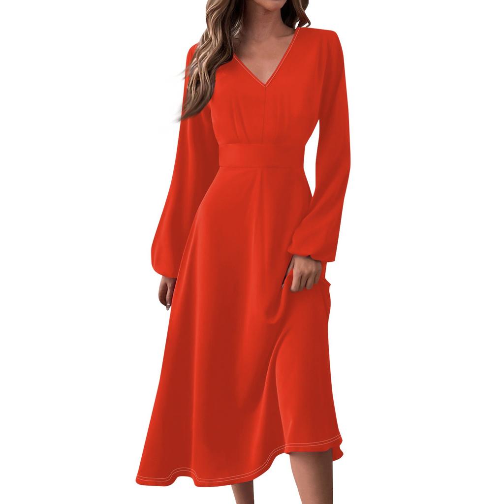 Women's Autumn And Winter Casual Fashion V-neck Long Sleeve Solid Color Long Dress