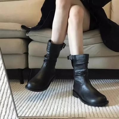 Модная обувь для женщин 2024 года, высококачественные женские сапоги без застежек, модные современные сапоги с пряжкой на ремне, женские новые сапоги до середины икры с круглым носком
