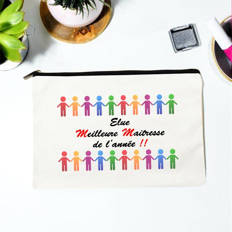 Teacher Superpower French Letter Print Women Cosmetic Bag Canvas Zipper Makeup Pouch Purse Organizer Pencil Bags Toiletry Bag