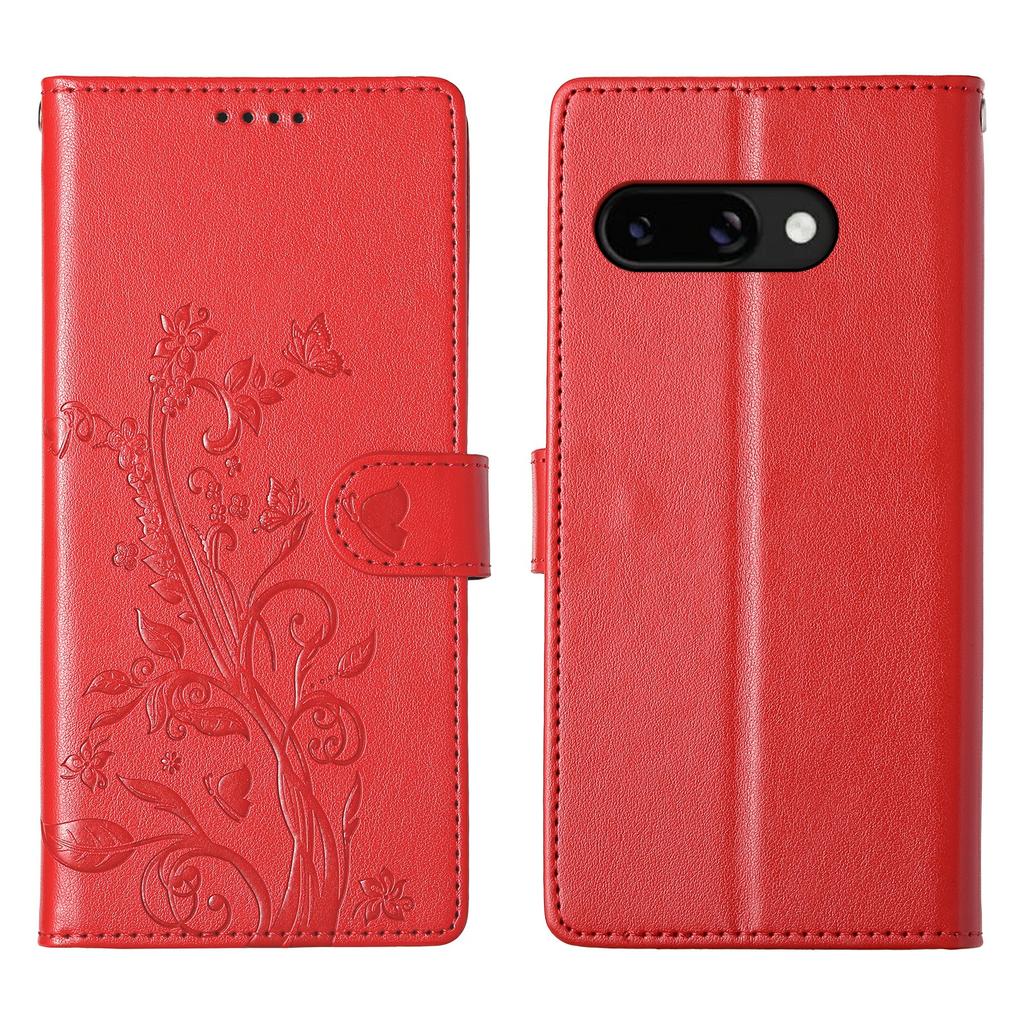 For Google Pixel 9a Wallet Case Butterfly Floral Imprint PU Leather Phone Cover with Wrist Strap