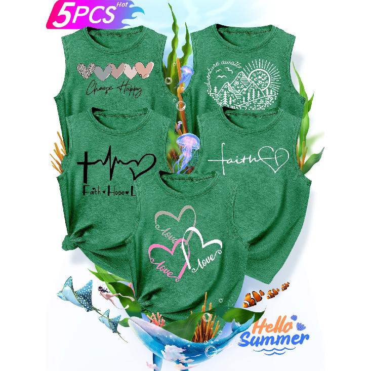 2026New women's vest5Pieces Faith and Love Letter Print Simple, stylish, casual, versatile, comfortable, soft, skin-friendly spring/summer top S-XXL
