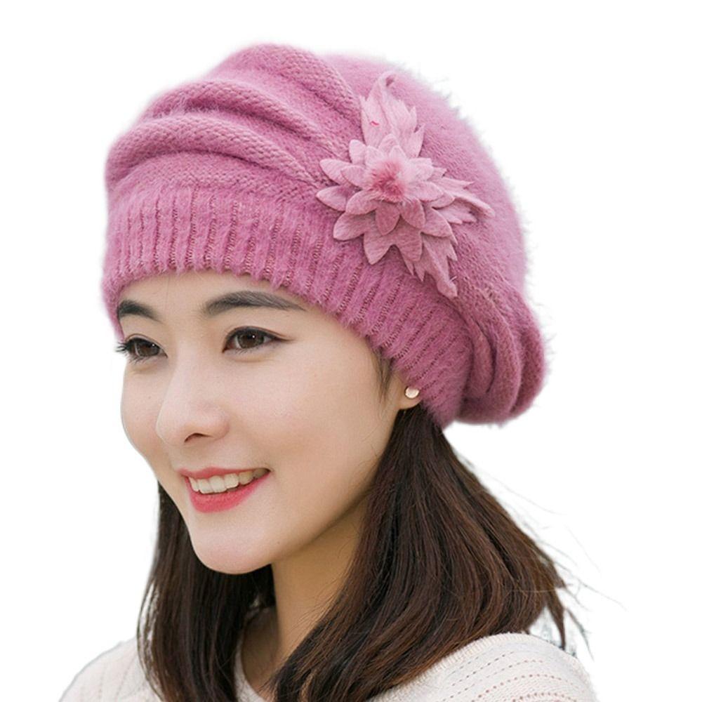 Pure Color Mom Hat Knitted Wool Female Berets Casual Winter Flower Hat Autumn Winter