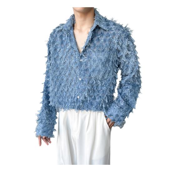 Мужская рубашка с нагрудным карманом и кисточками, отложным воротником, однобортная, с длинными рукавами, однотонная