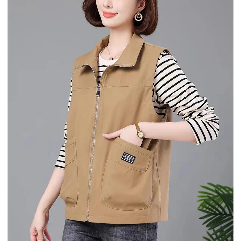 Повседневный хаки короткий женский жилет оверсайз подкладка без рукавов куртки 2024 весна осень молния базовый жилет женская верхняя одежда