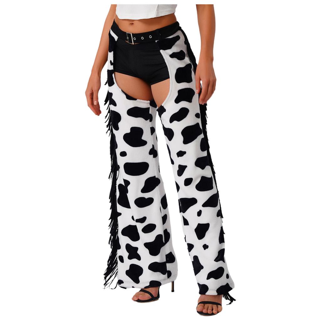 Womens Cow Spot Pattern Flannel Long Pants - with Side Tassel, Adjustable Waist, Open Crotch for Biking Riding Cowgirl Chaps Halloween Cosplay