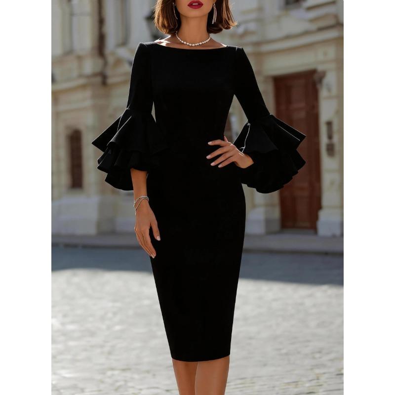 MGHR Women's Fashion Summer Spring 3/4 Sleeves O-Neck Solid Color Print Casual Dresses
