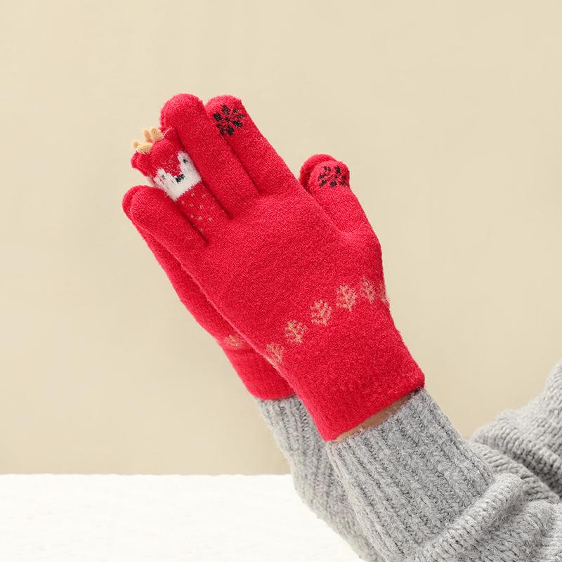 Женские зимние теплые красные шерстяные перчатки с лисой - Сенсорные и непродуваемые