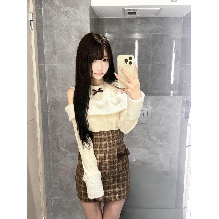 Милое Стильное Мини-Платье Bodycon Вязаное Пэчворк С Открытыми Плечами