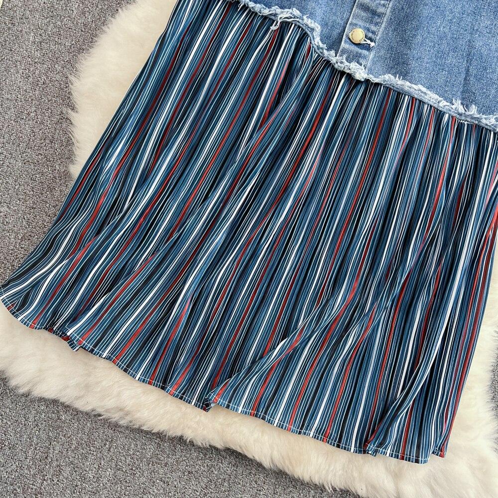 Design Sense Draped and Versatile Chiffon Pleated Stitched Denim Skirt In Spring, Thin and Irregular Medium Length A-line Skirt